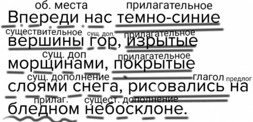 Впереди нас темно-синие вершины гор, изрытые морщинами, покрытые слоями снега, рисовались на бледном