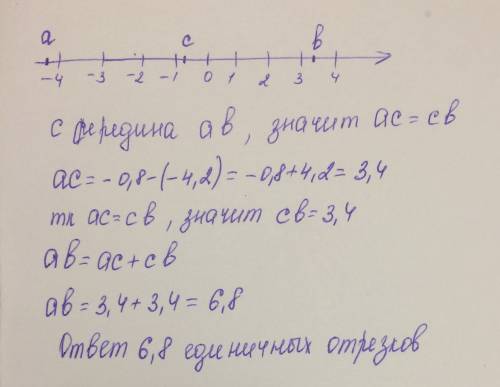 На координатной прямой отмечены точки a b c причём точка c середина отрезка ab. найдите расстояние в