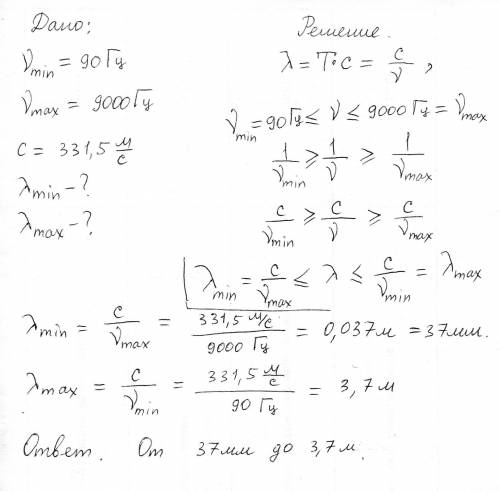 Частотный диапазон рояля от 90 до 9000 гц. найдите диапазон длин звуковых волн в воздухе создаваемые