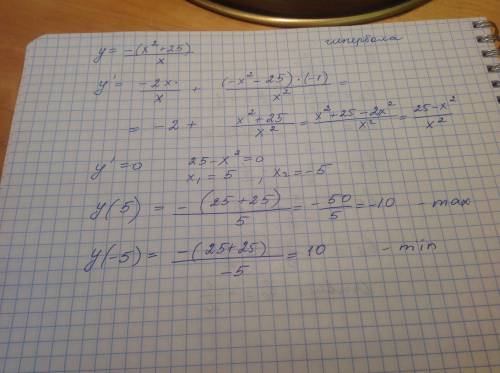 Найти минимум функции у= - (х^2 +25)/х. сначала нужно найти производную, потом приравнять ее к нулю)