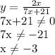 y= \frac{2x}{7x+21} &#10;&#10;7x+21 \neq 0&#10;&#10;7x \neq -21&#10;&#10;x \neq -3