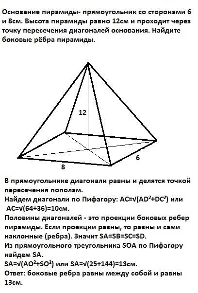 Основание пирамиды- прямоугольник со сторонами 6 и 8см. высота пирамиды равно 12см и проходит через