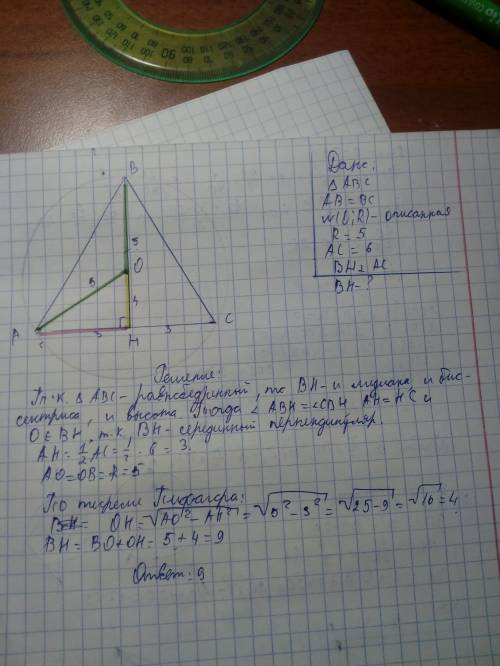 Радиус круга описанного около равнобедренного треугольника равен 5, а длина основания 6. найдите выс