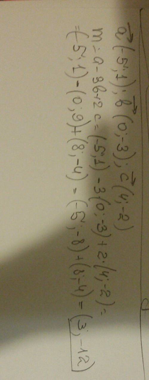 Даны векторы a (-5; 1), b(0; -3), c(4; -2). найдите координаты векторов: m=a-3b+2c, n=-2a+b-0.5c