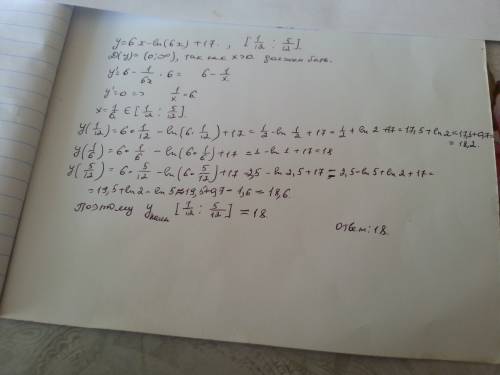 Y=6x-ln (6x)+17 найти наименьшее значение на отрезке[ 1/12 ▪5\12]