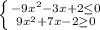 \left \{ {{ {-9x^2-3x+2 \leq 0}} \atop {{9x^2+7x-2 \geq 0}} \right.