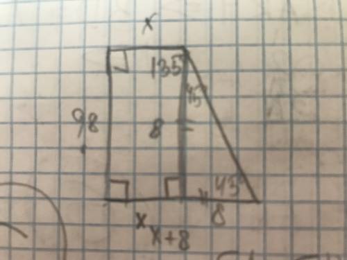Больший угол прямоугольной трапеции равен 135гр. найдите длину меньшей боковой стороны ,если одно из