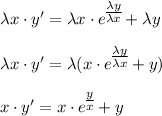 \lambda x\cdot y'=\lambda x \cdot e^\big{ \frac{\lambda y}{\lambda x} }+\lambda y\\ \\ \lambda x\cdot y'=\lambda(x \cdot e^\big{ \frac{\lambda y}{\lambda x} }+y)\\ \\ x\cdot y'=x \cdot e^\big{ \frac{y}{x} }+y