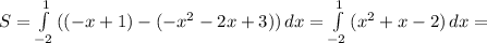 S= \int\limits^1_{-2} {((-x+1)-(-x^2-2x+3))} \, dx = \int\limits^1_{-2} {(x^2+x-2)} \, dx=