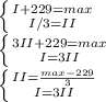 \left \{ {{I+229=max} \atop {I/3=II}} \right. \\&#10; \left \{ {{3II+229=max} \atop {I=3II}} \right. \\&#10; \left \{ {{II= \frac{ max-229}3} \atop {I=3II}} \right. \\&#10;&#10;