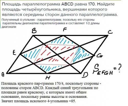 Площадь параллелограмма abcd равна 170. найдите площадь четырёхугольника, вершинами которого являютс