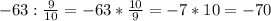 -63:\frac{9}{10}=-63*\frac{10}{9}=-7*10=-70