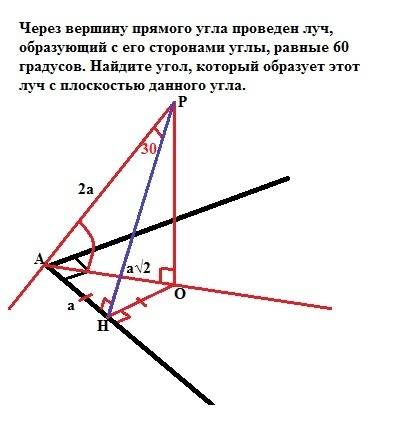 Через вершину прямого угла проведен луч, образующий с его сторонами углы, равные 60 градусов. найдит