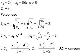 Решить в прогрессии (xn) x4=24. x6=96,qбольше0. найдите s6