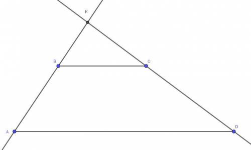Продовження бічних сторін ab і cd трапеції abcd перетинаються в точці k,причому ab: bk=2: 5.ad- біль
