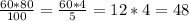 \frac{60*80}{100} =\frac{60*4}{5} = 12*4 = 48