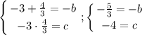 $\left \{ {{-3+\frac{4}{3}=-b } \atop {-3\cdot\frac{4}{3}=c }} \right. ; \left \{ {{-\frac{5}{3}=-b } \atop {-4=c}} \right.