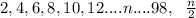 2,4,6,8,10,12....n....98, \ \ \frac{n}{2}