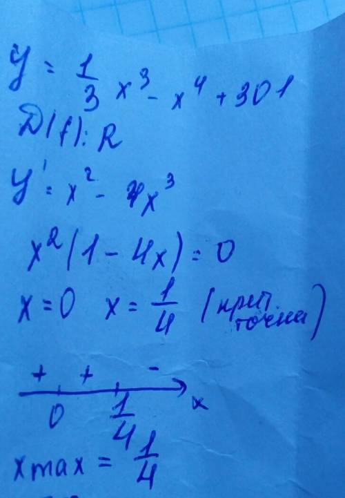 Найти экстремумы функции: 1)y=1/3*x^3-x^4+301 2)y=(x^3)/(3*x^2-1)