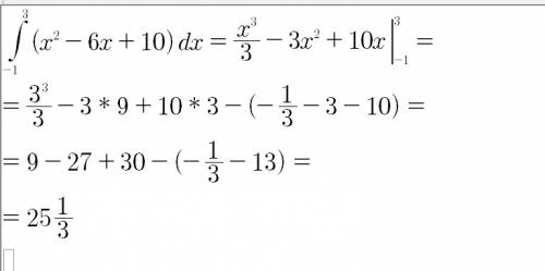 Найти площадь фигуры, ограниченной графиком функции f(x)=x^2-6x+10, прямыми х=-1, х=3 и осью абсцисс