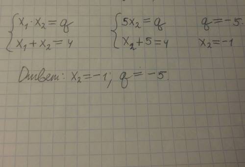 Один із коренів рівняння x^2 - 4x + q =0, дорівнює 5 . знайдіть q та другий корінь