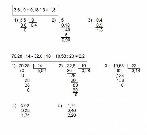 Найдите значение выражения 1) 3,6 : 9 + 0,18 * 5 2) 70,28 : 14 - 32,8 : 10 + 10,58 : 23 {можно в сто