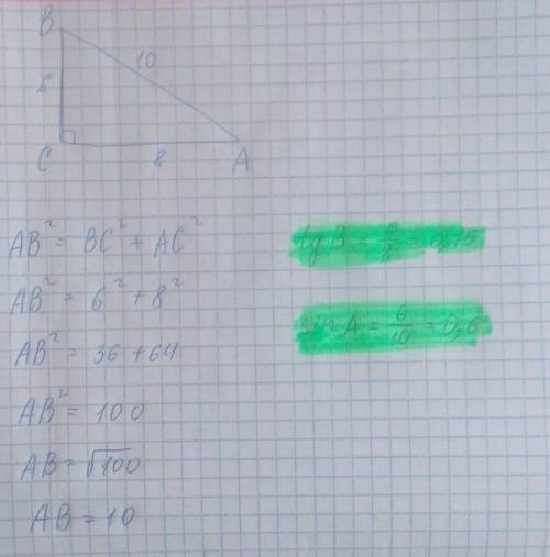 Втреугольнике авс, угол с=90 градусов,ас=8 см.,вс=6 см. найдите: tgb=? ,sina=?