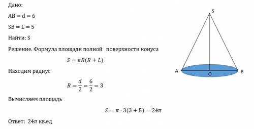 Диаметр основания конуса равен 6 а длина образующей 5. найдите площадь полной поверхности конуса