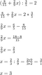 ( \frac{8}{15} + \frac{2}{9} x) : \frac{3}{5} =2 \\ \\ &#10; \frac{8}{15} + \frac{2}{9}x =2 * \frac{3}{5} \\ \\ &#10; \frac{2}{9}x = \frac{6}{5} - \frac{8}{15} \\ \\ &#10; \frac{2}{9} x= \frac{18-8}{15} \\ \\ &#10; \frac{2}{9}x= \frac{2}{3} \\ \\ &#10;x= \frac{2}{3} : \frac{2}{9} = \frac{2*9}{3*2}= \frac{3}{1} \\ \\ &#10;x=3