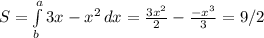 S= \int\limits^a_b 3{x-x^2} \, dx= \frac{3x^2}{2}- \frac{-x^3}{3}= 9/2