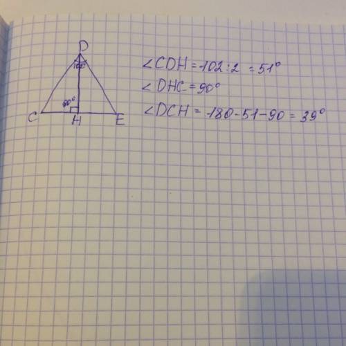 Вравнобедренном треугольнике cde с основанием ce и угол d = 102 градуса проведена высота h. найти уг