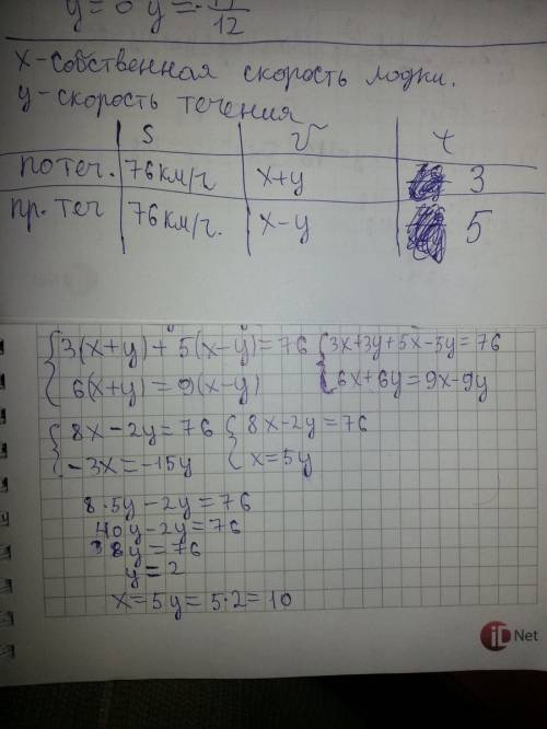 Катер за 3 часа по течению и 5 часов против течения проходит 76 км. найдите скорость течения и скоро