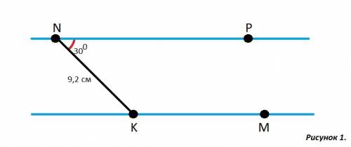 Прямая км параллельна прямой np.найдите расстояние между этими прямыми ,если угол кnp=30 градусов,кn