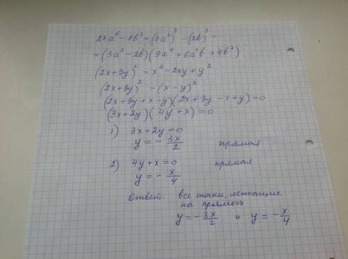 Разложите на множители : 27a^6-8b^3 решите уравнение: (2x+3y)^2=x^2-2xy+y^2