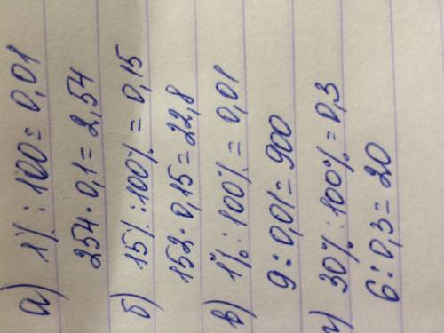 Найдите а. 1% от 254 б.15% от 152 в. числа 1% которого равен 9 г. число 30% котрый равен 6