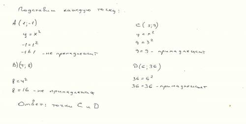 Какая из точек а(1; -1) b(4; 8) c (3; 9) d(6; 36) принадлежит графику функции y=x^2