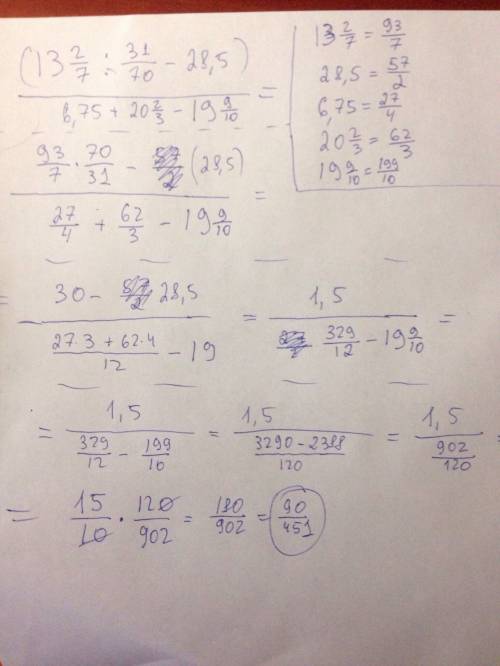 Решите пример: ( 13 2/7 : 31/70 - 28,5) : 6,75 + 20 2/3 - 19 9/10