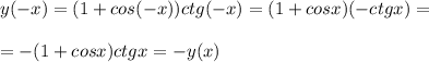 y(-x)=(1+cos(-x))ctg(-x)=(1+cosx)(-ctgx)=\\\\=-(1+cosx)ctgx=-y(x)