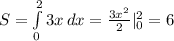 S= \int\limits^2_0 {3x} \, dx = \frac{3x^2}{2} |^2_0=6