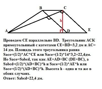 Найдите площадь трапеции, если ее диагонали перпендикулярны и равны 3,2дм и 14дм