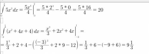 Вычислите интеграл: 1) ∫ 2(верхний индекс) 0 (нижний индекс) (5x^3)d(x). 2) ∫ 1(верхний индекс) -3(н