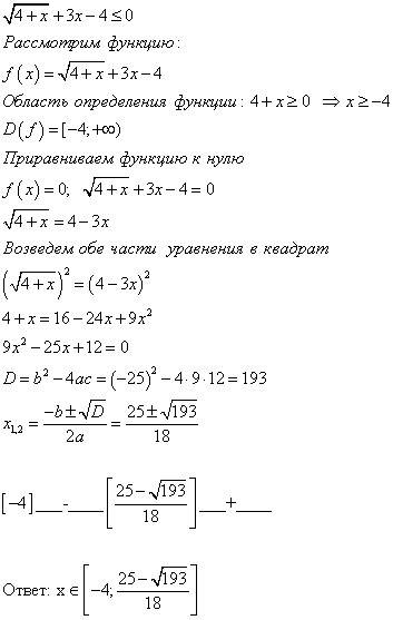 Корень 4+х больше или равно 4-3х (нужен промежуток в формате а