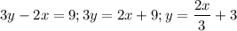 $3y-2x=9; 3y=2x+9; y=\frac{2x}{3}+3