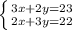 \left \{ {{3x+2y=23} \atop {2x+3y=22}} \right.