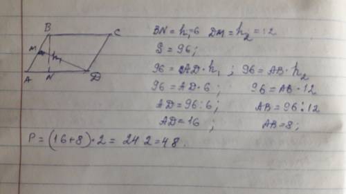 Площадь паралелограмма равна 96 ,а его высоты - 6 и 12. найдите периметр паралелограмма.