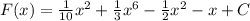 F(x)= \frac{1}{10} x^{2} + \frac{1}{3} x^{6} - \frac{1}{2} x^{2} -x+C