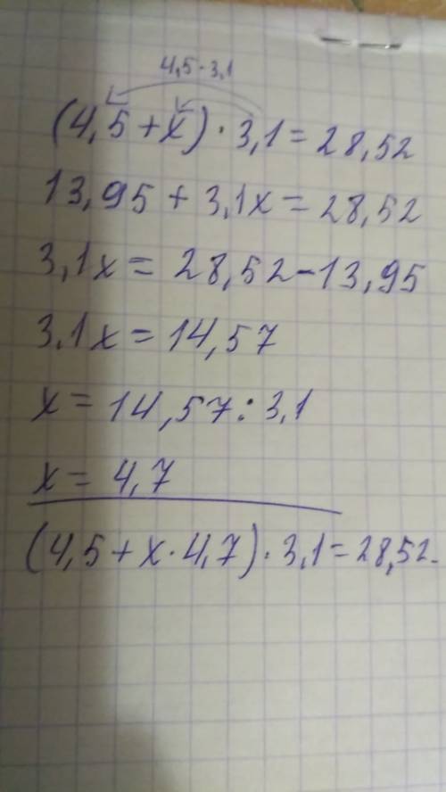 Решите уровнение ( 4,5 +х ) • 3,1 = 28,52