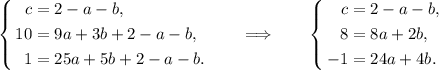 \left \{\begin{aligned} c &= 2 - a - b, \\ 10 &= 9a + 3b + 2 - a - b, \\ 1 &= 25a + 5b + 2 - a - b. \end{aligned} \right. \qquad \Longrightarrow \qquad \left \{\begin{aligned} c &= 2 - a - b, \\ 8 &= 8a + 2b, \\ -1 &= 24a + 4b. \end{aligned} \right.