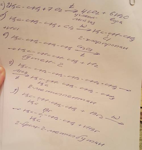 Запишите уравнения реакций: а)горение этана б)хлорирование пропана в)дегидрирование бутана г)изомера