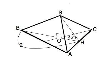 Дано sabc правильная пирамида bh=9cm ah=hc ᄂshb= 45 sh- апофема. найти- sполн.